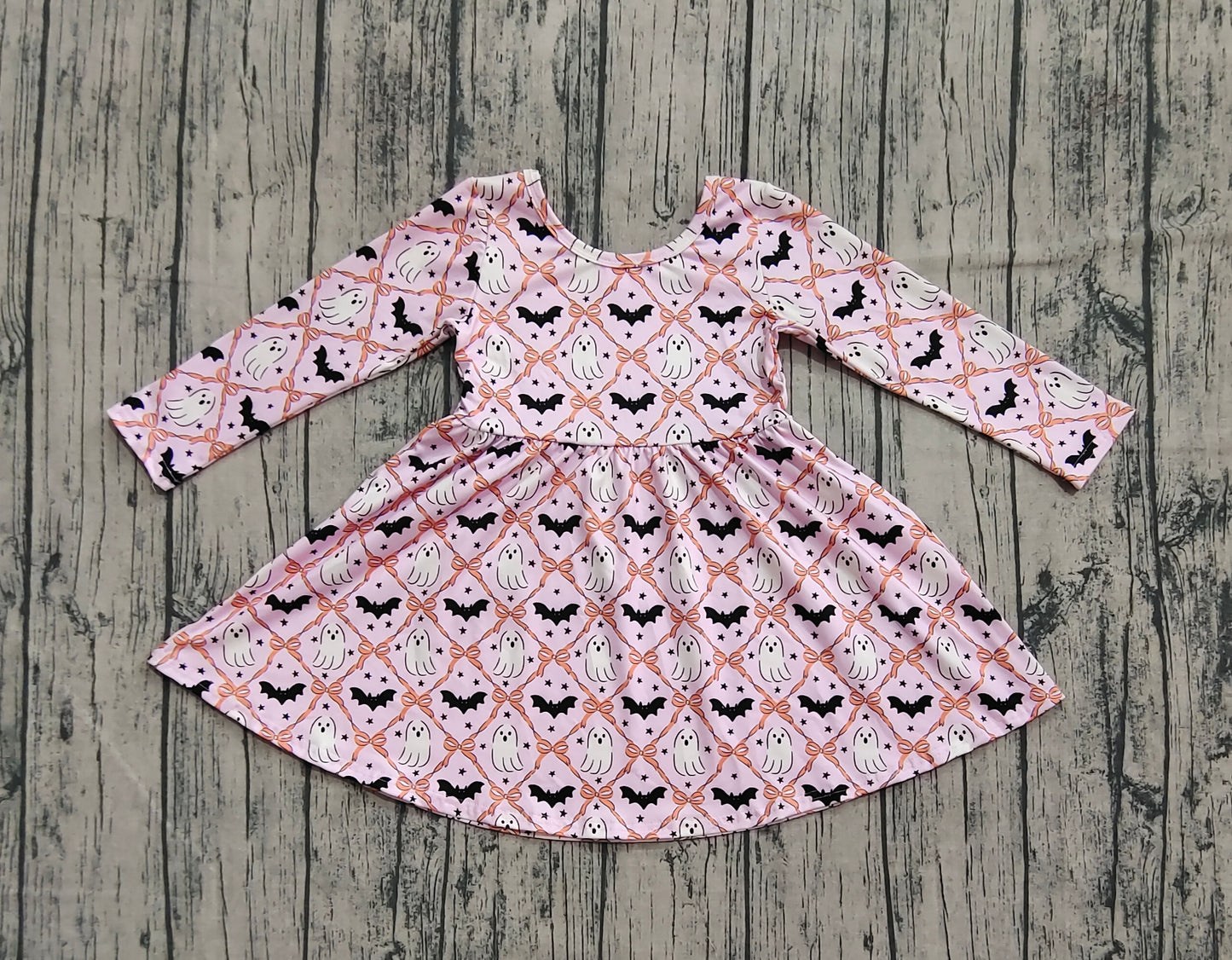 Baby Girl Long Sleeves Pumpkins Ghost Bats Halloween Knee Length Dress RTS