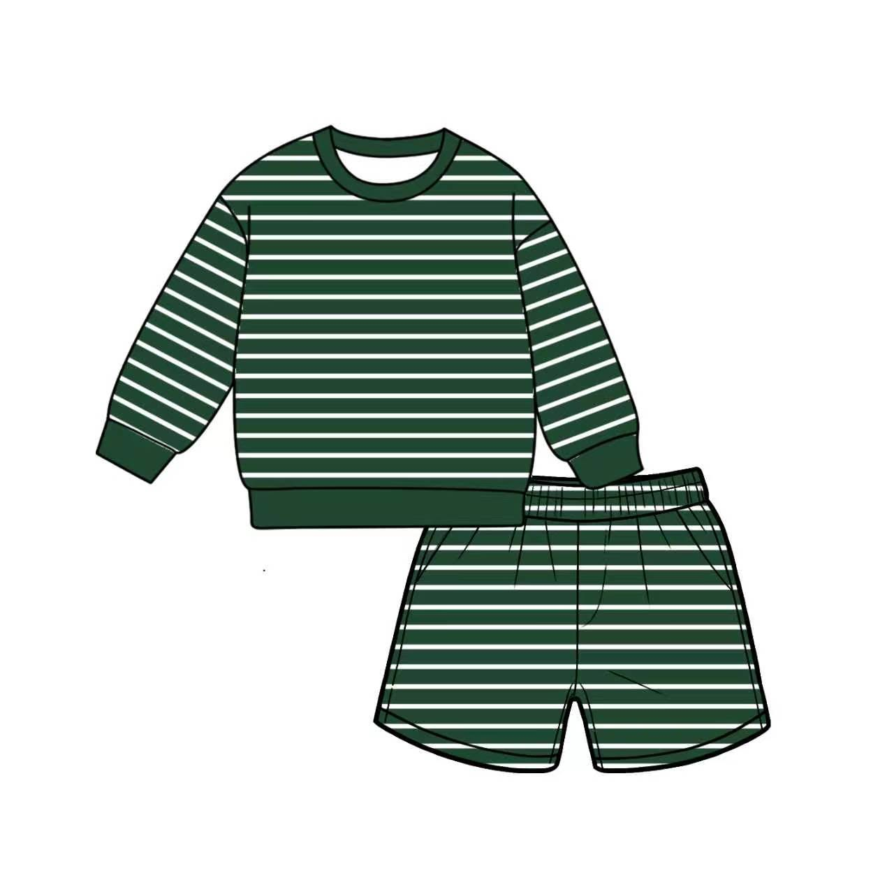 ( Moq 5 ) Preorder Adult Women Long Sleeves Green Stripes Shirt Pockets Shorts Yoga Active Set
