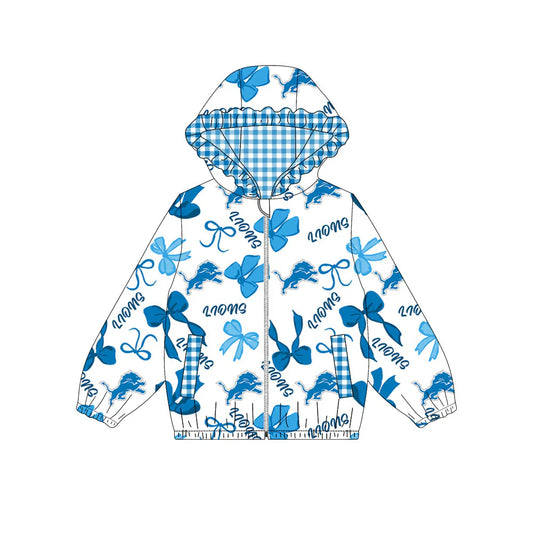 ( Moq 5 ) Baby Girls Kids Bows Cheer Pockets Blue Plaid Hoodie Zipper Team Jacket Tops