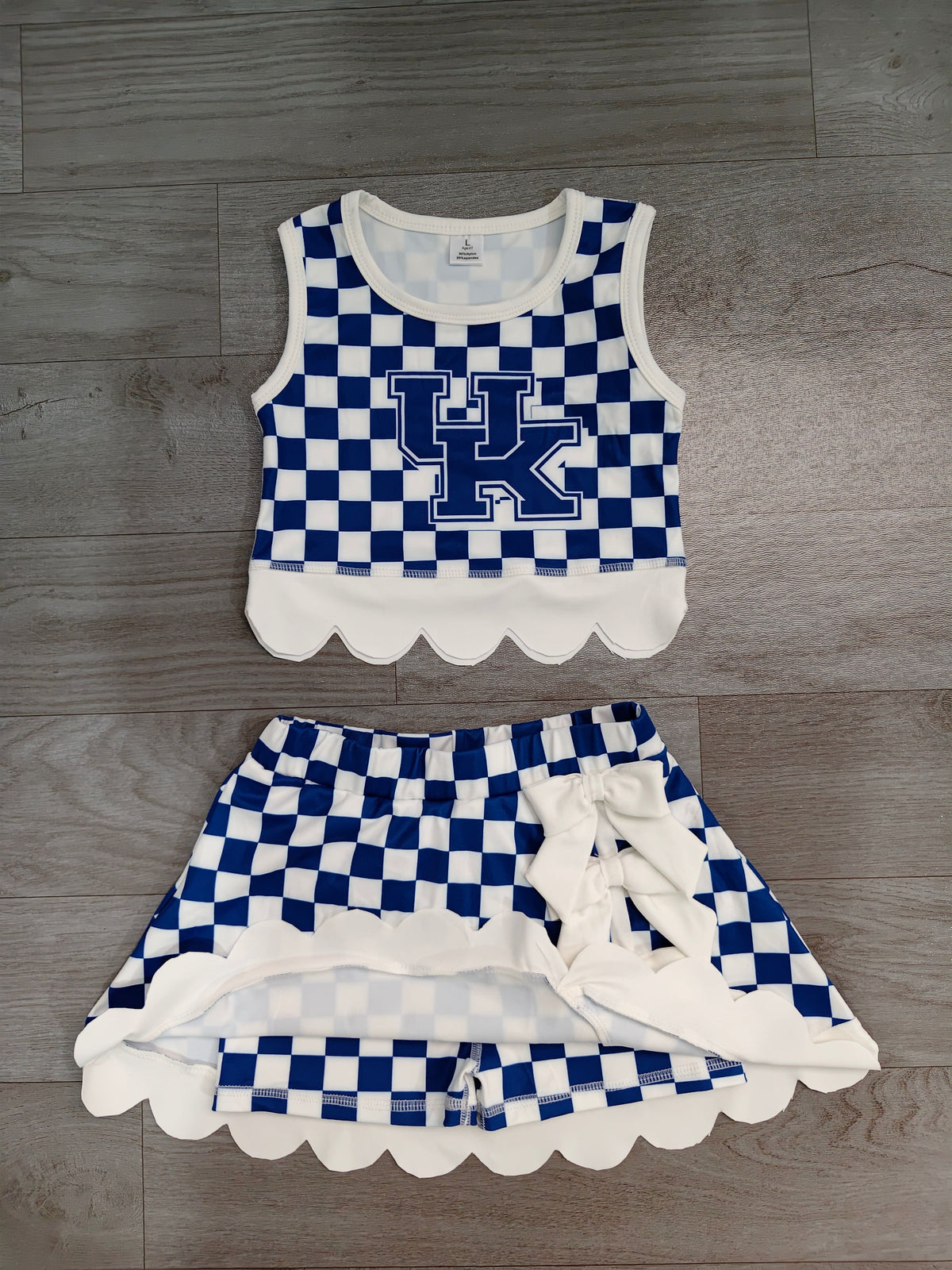 ( No moq ) Preorder Baby Girls Kids Blue Checked Shirt Scallop Bows Skirt Shorts Team Set Yoga Active Clothes
