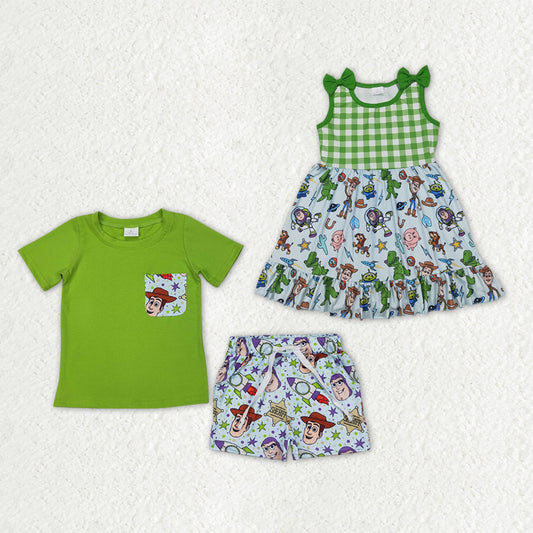 Sibling Baby Boys Girls Kids Green Knee Length Dress Set Cartoon Clothes RTS