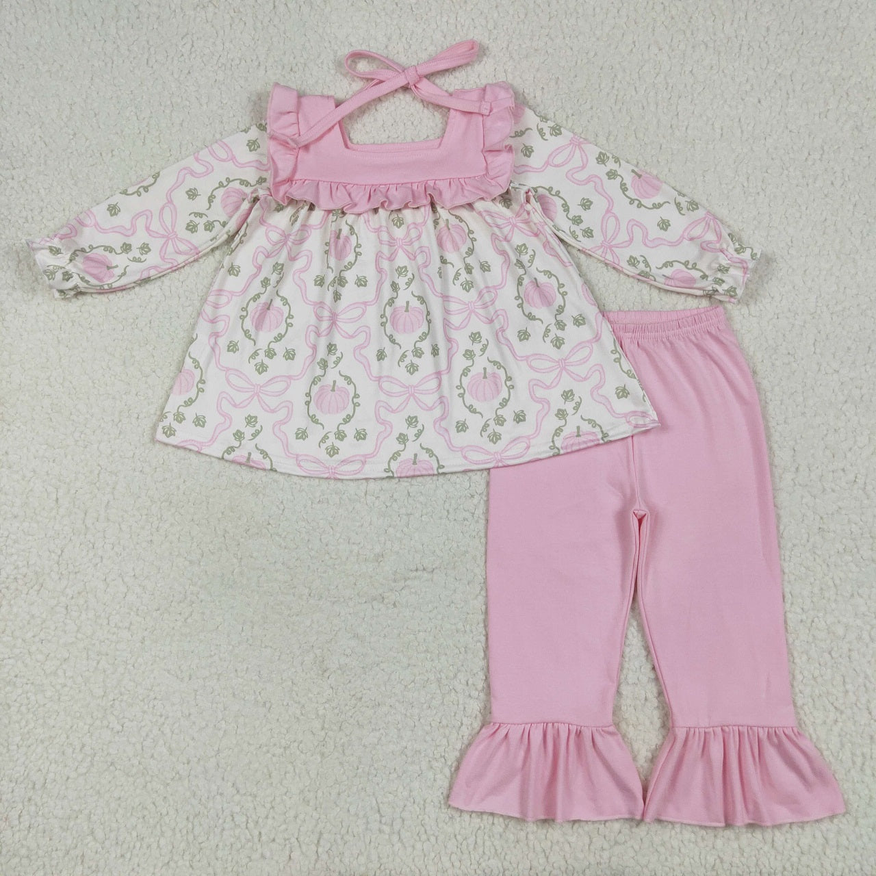 Baby Girl Long Sleeves Pink Bows Pumpkins Sibling Ruffle Fall Romper Set RTS