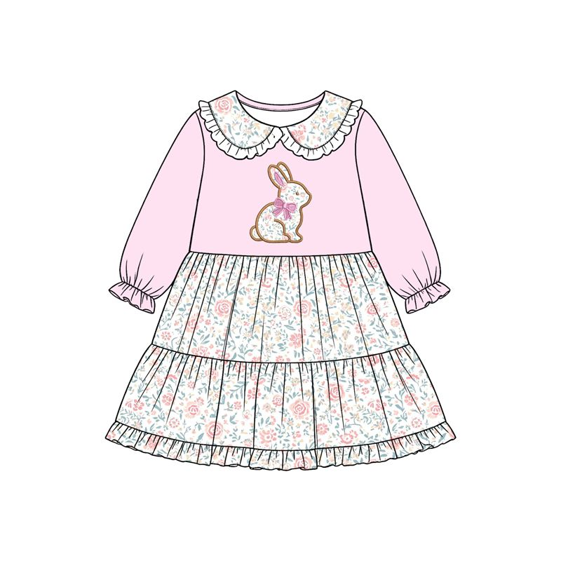 ( Moq 5 ) Preorder Baby Girls Long Sleeves Easter Rabbit Bows Floral Ruffle Dress Clothes