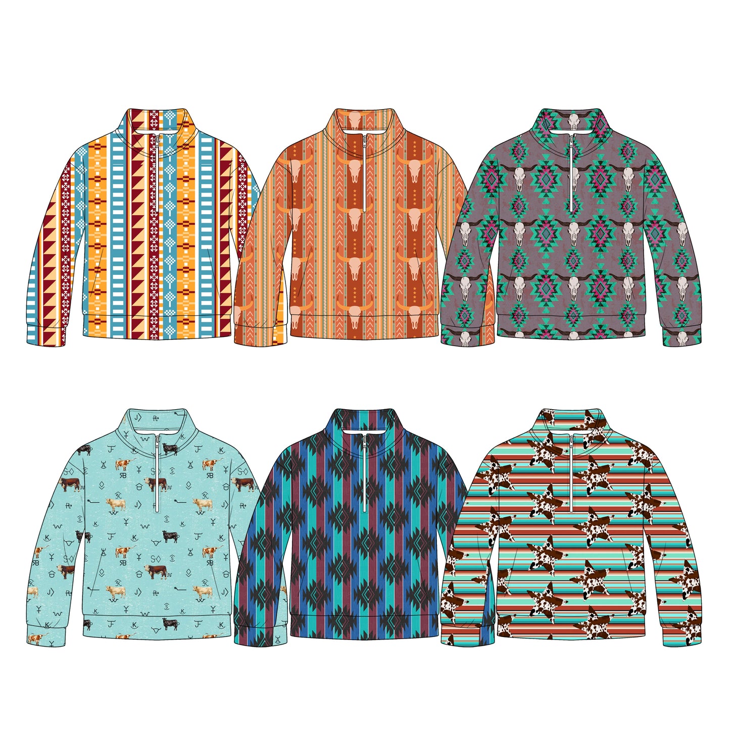 ( Moq 5 Each Style ) Sibling Baby Boys Kids Long Sleeves Zipper Shirts Western Cow Aztec Pullovers Tops Clothes