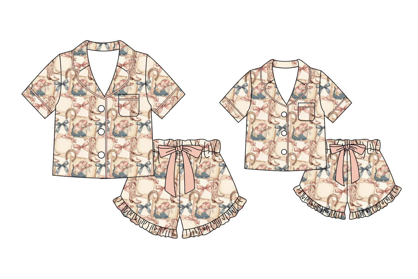 ( Moq 5 Each Style ) Baby Girl Adult Women Boots Bows Shirt Shorts Sibling Mommy And Me Family Pajamas Western Sets