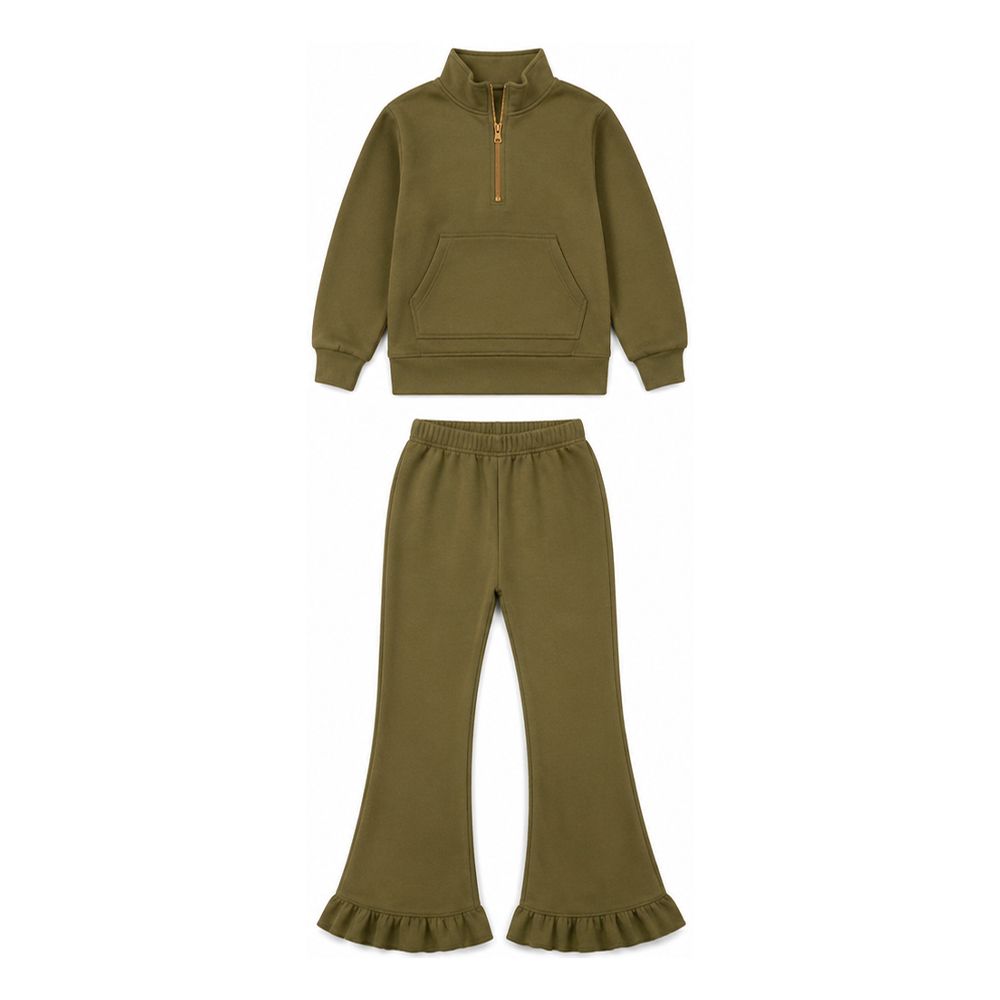 ( Moq 5 ) Preorder Baby Girls Kids Long Sleeves Zipper Pocket Pants Olive Set Clothes