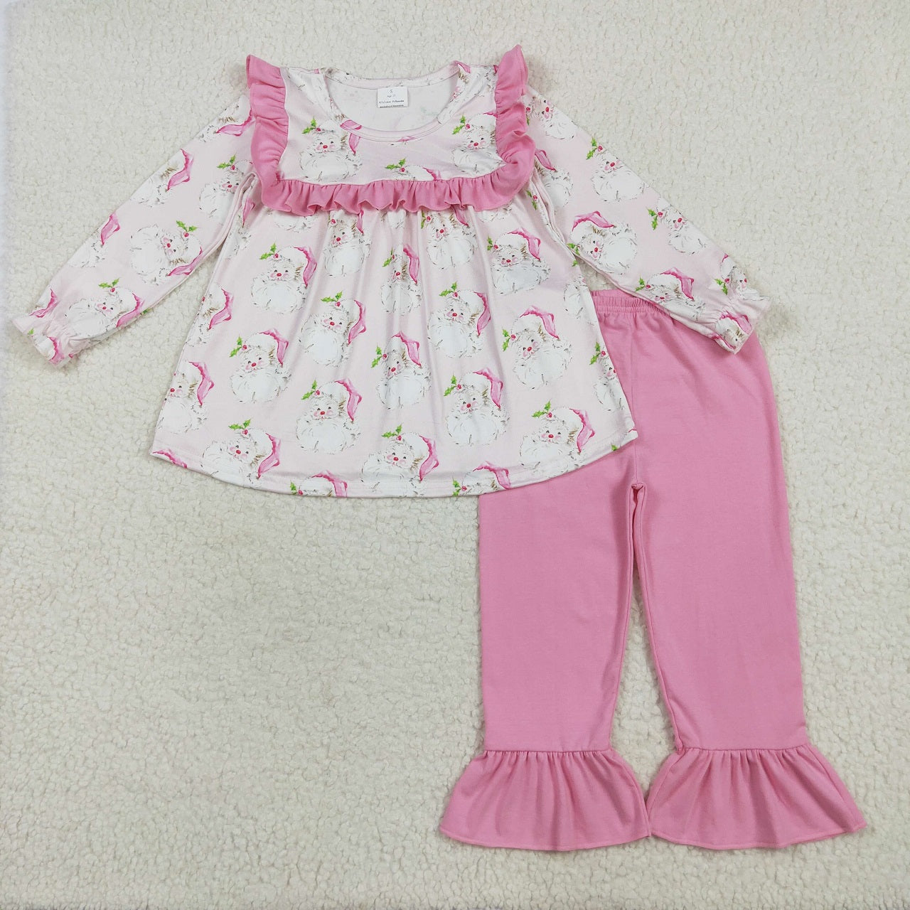 Baby Girl Long Sleeves Santa Christmas Sibling Pink Ruffle Romper Set Fur Pajamas RTS
