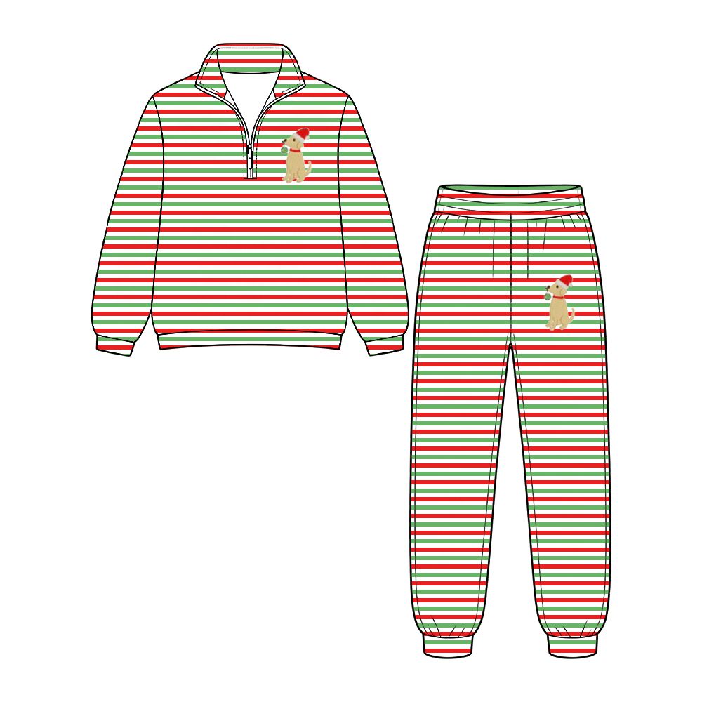 ( Moq 5 ) Preorder Baby Boys Kids Long Sleeves Stripes Dogs Zipper Shirt Pants Set Christmas Clothes