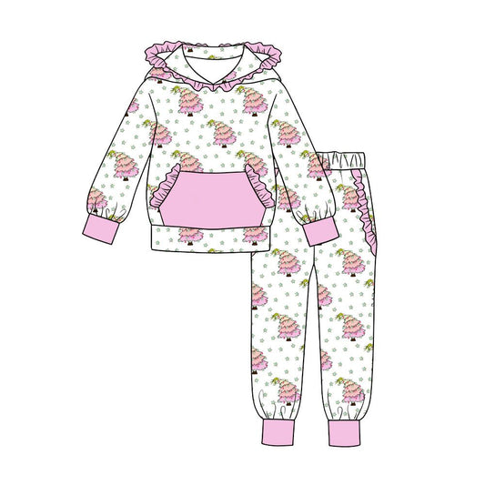 ( Moq 5 ) Preorder Baby Girls Kids Christmas Tree Hoodie Pullover Ruffle Pockets Pants Set Clothes