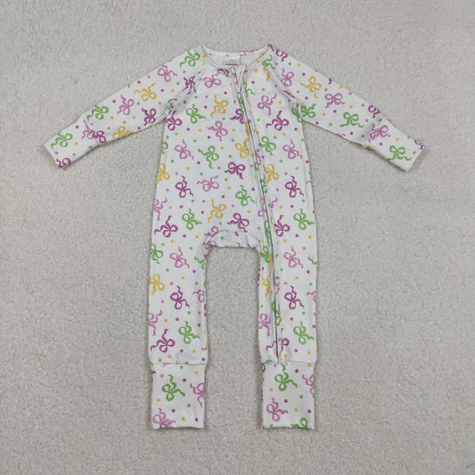 Baby Girls Infant Long Sleeves Dots Bows Mardi Gras Zipper Sleeper Romper RTS