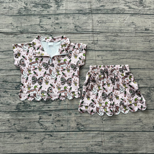 ( No moq ) Preorder Baby Girl Kids Ducks Bows Zipper Shirt Scallop Shorts Set Hunting Clothes