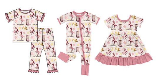 ( Moq 5 Each Style ) Baby Girls Kids Short Sleeves Boots Sibling Western Romper Dress Set