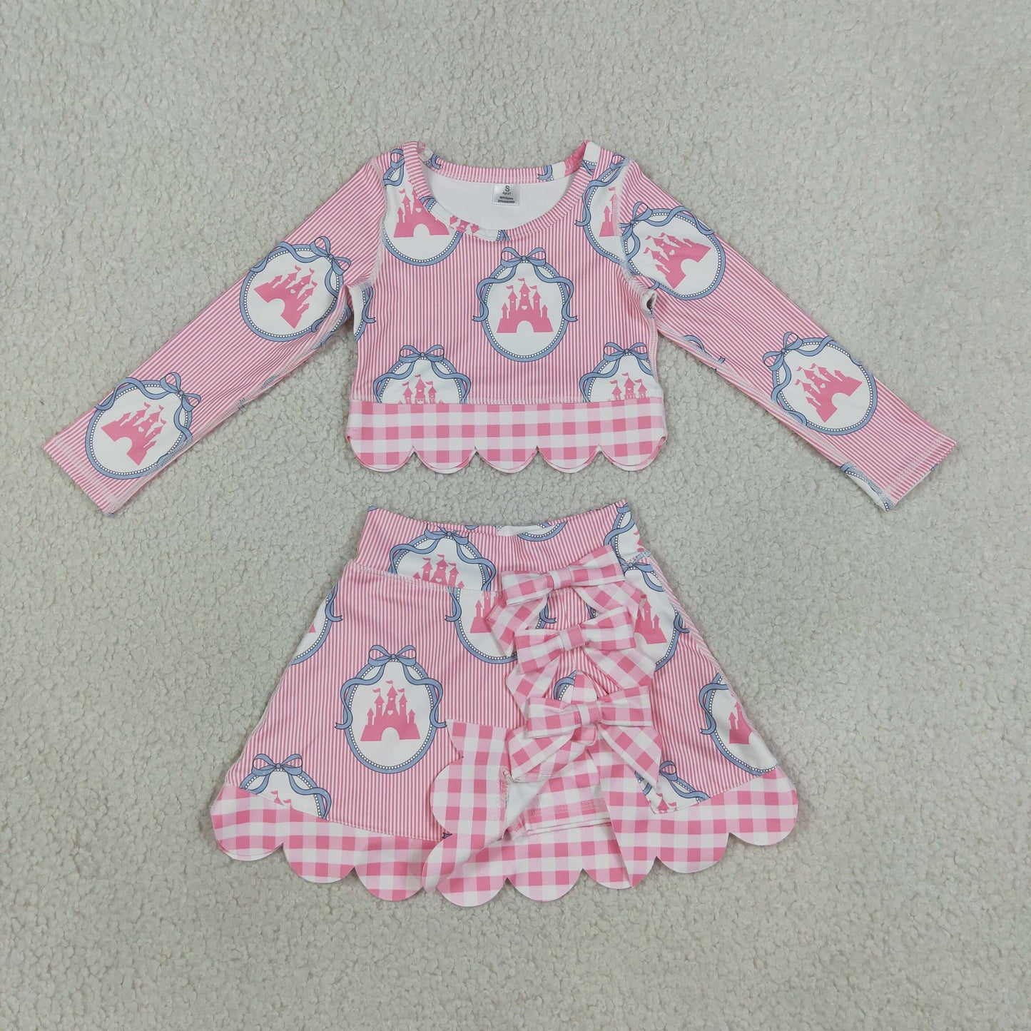 Baby Girls Stripes Castles Scallop Tops Bows Skirt Shorts Set Yoga Active Pink Clothes RTS