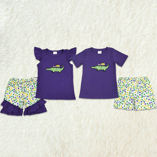Baby Boy Girl Short Sleeves Embroidery Mardi Gras Sibling Clothes Set RTS