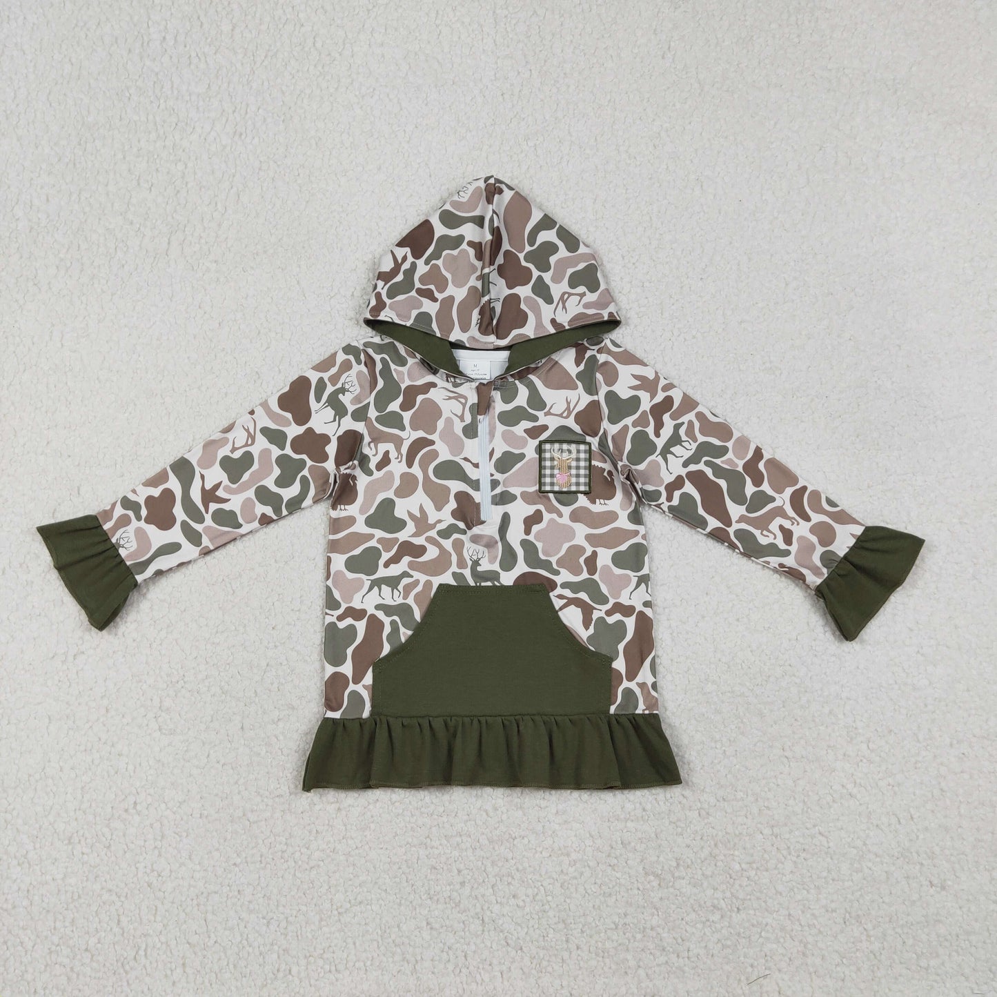 Baby Girl Long Sleeves Embroidery Deer Dog Duck Hoodie Zipper Green Camo Shirt RTS