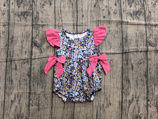 ( No moq ) Preorder Baby Girls Infant Short Sleeves Flower Pink Bows Summer Bubble Romper