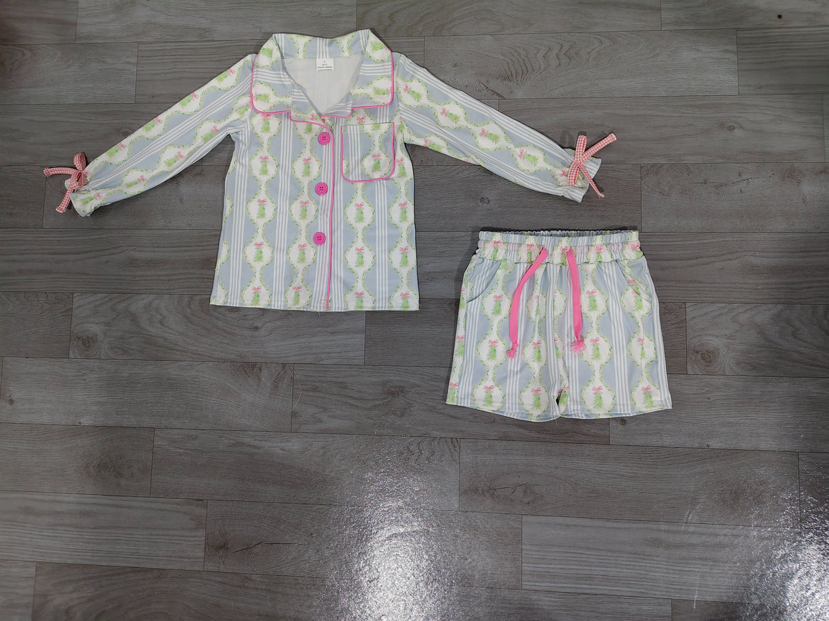 ( No moq ) Preorder Baby Girls Kids Christmas Tree Bows Buttons Shirt Pockets Shorts Blue Pajamas Set Clothes