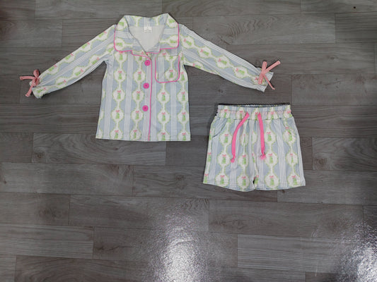 ( No moq ) Preorder Baby Girls Kids Christmas Tree Bows Buttons Shirt Pockets Shorts Blue Pajamas Set Clothes