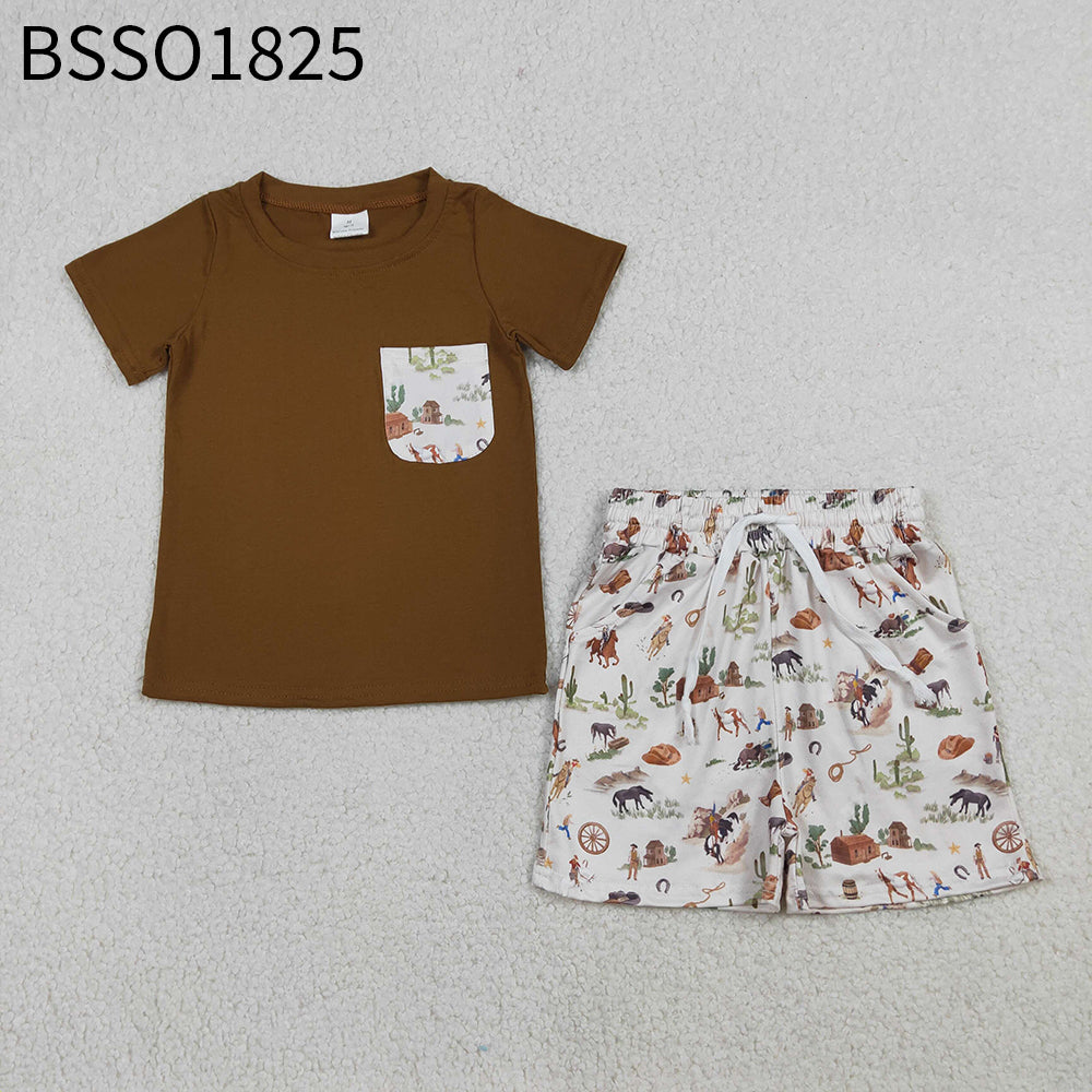 Baby Boys Kids Short Sleeves Brown Shirt Western Rodeo Cactus Pockets Shorts Set RTS