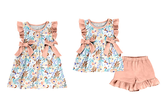 ( Moq 5 Each Style ) Baby Girls Kids Short Sleeves Bows Flower Sibling Dress Set