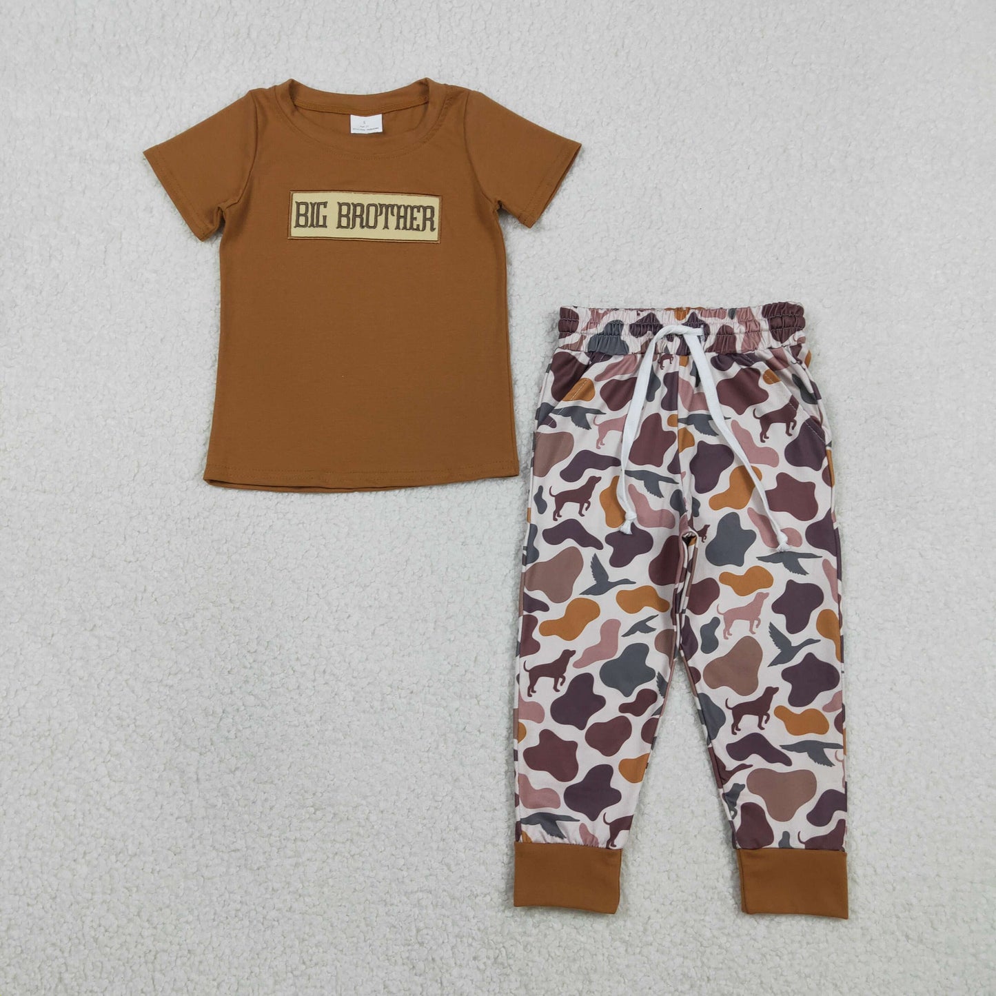 Baby Boys Short Sleeves Embroidery Big Brother Brown Shirt Camo Pants Clothes Set RTS