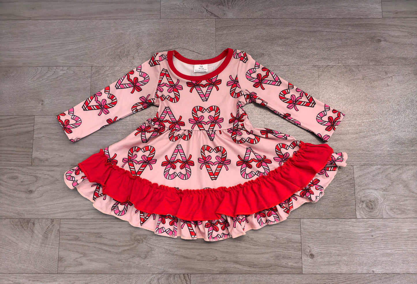 ( No moq ) Preorder Baby Girls Kids Long Sleeves Christmas Candy Cane Bows Knee Length Dress