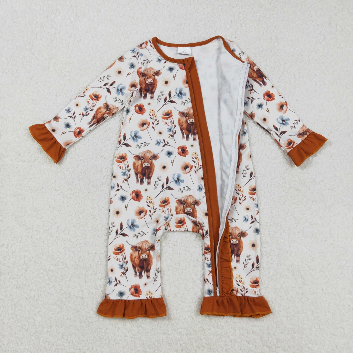Baby Girl Long Sleeves Western Cow Flower Brown Ruffle Zipper Romper RTS