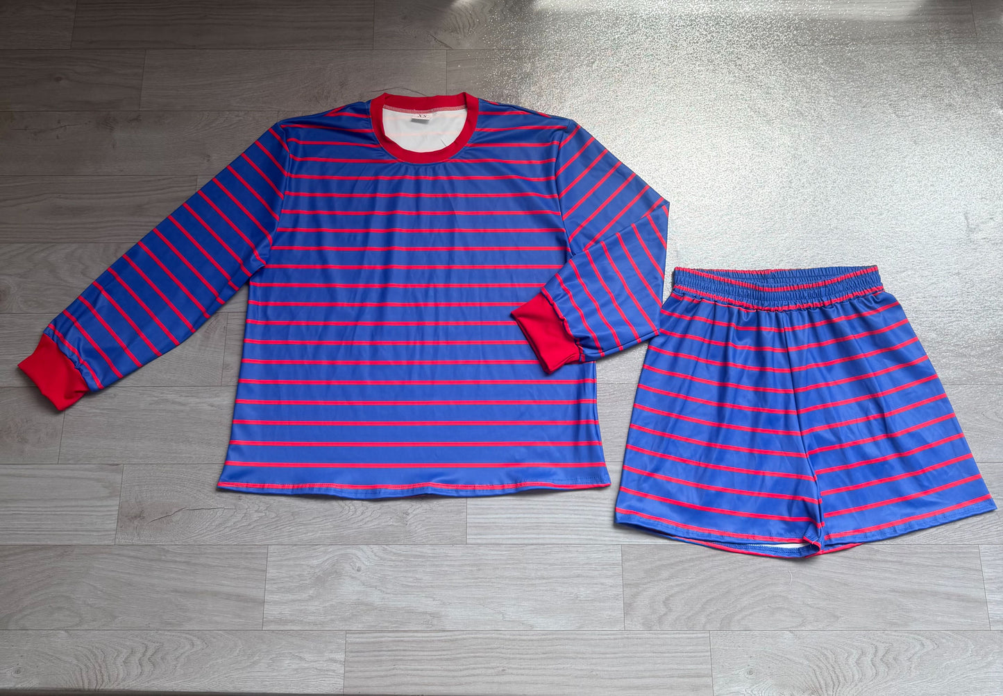 ( No moq ) Preorder Adult Women Long Sleeves Shirt Red Stripes Shorts Yoga Active Blue Set