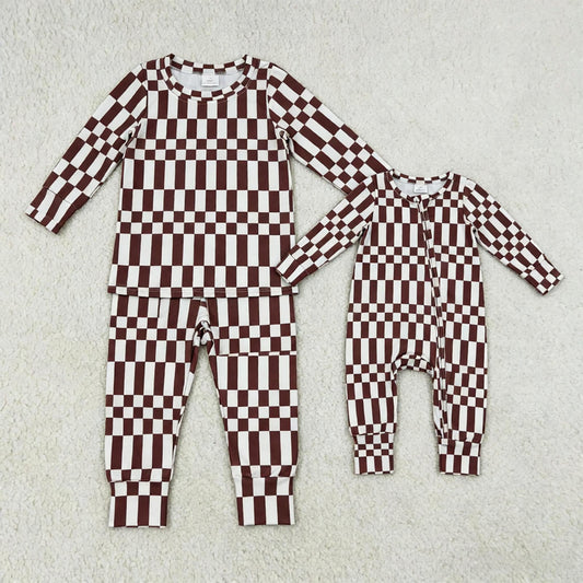 Sibling Baby Boys Kids Long Sleeves Zipper Footie Romper Pajamas Set Checked Clothes RTS