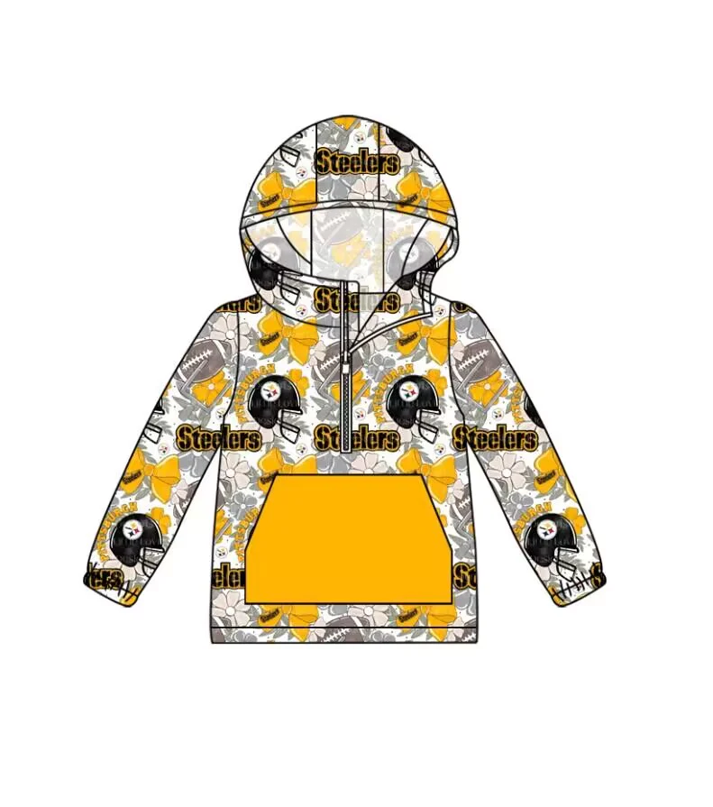 Baby Girl Long Sleeves Football Flower Bows Team Orange Pocket Hoodie Shirt Tops Moq 5