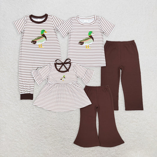 Baby Boy Girl Short Sleeves Embroidery Duck Stripes Sibling Romper Outfit RTS
