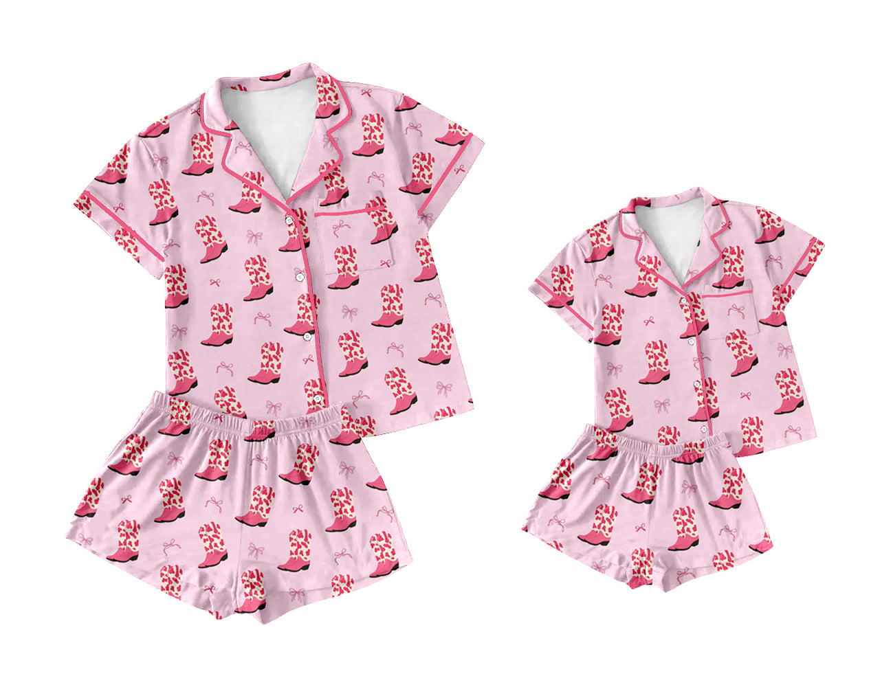 ( Moq 5 Each Style ) Baby Girl Adult Women Short Sleeves Boots Bows Shirt Shorts Sibling Mommy And Me Family Pajamas Sets