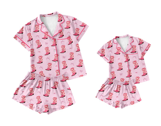 ( Moq 5 Each Style ) Baby Girl Adult Women Short Sleeves Boots Bows Shirt Shorts Sibling Mommy And Me Family Pajamas Sets