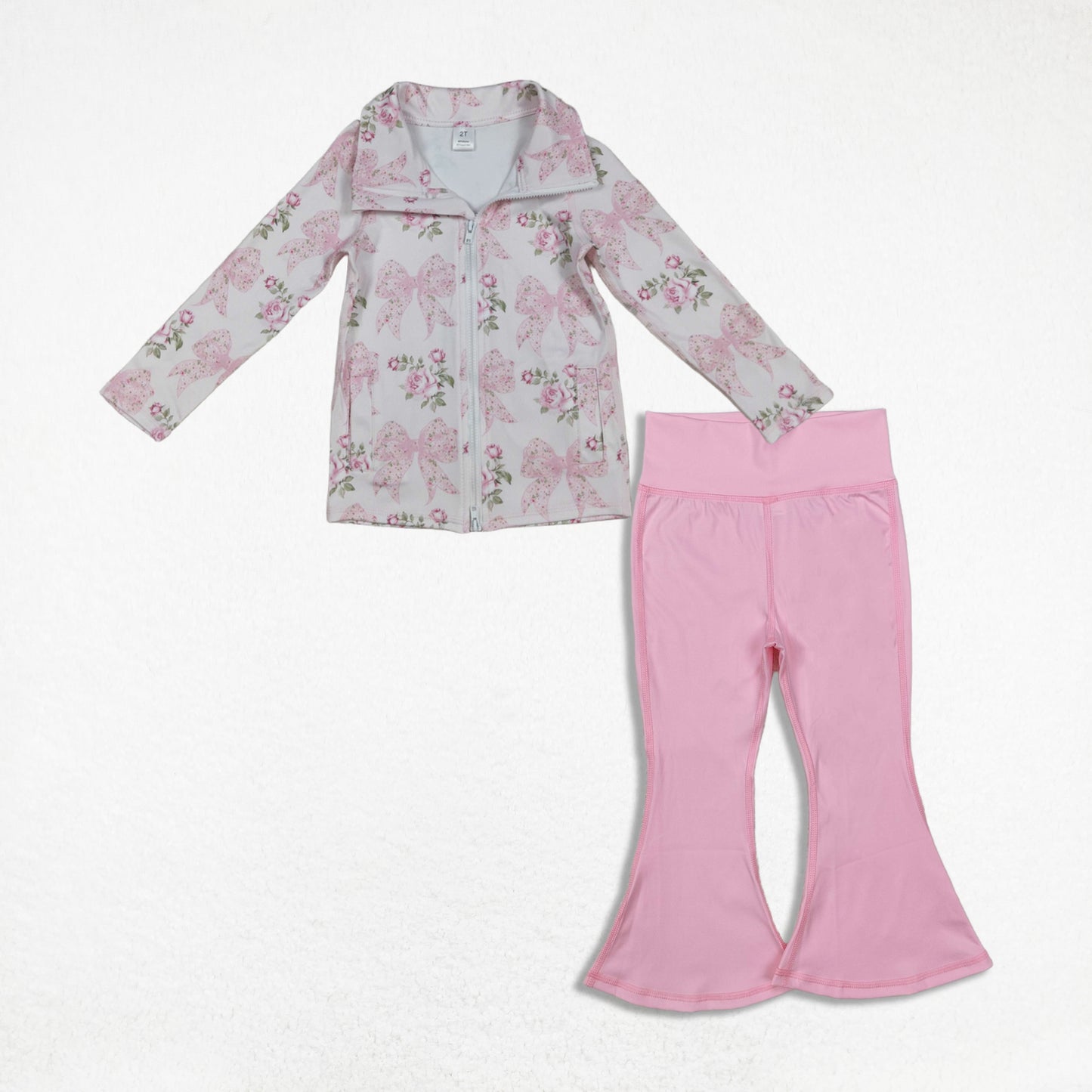 Kids Girls Long Sleeves Flower Bows Zipper Pockets Cardigan Pink Pants Yoga Active Set RTS