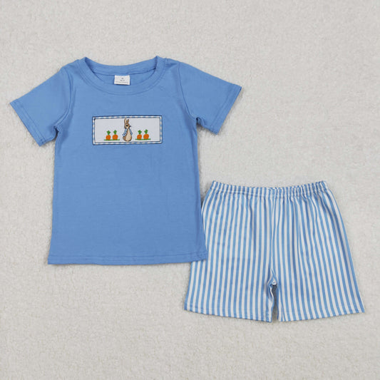 Baby Boy Short Sleeves Embroidery Rabbit Carrot Shirt Stripes Shorts Clothes Set RTS