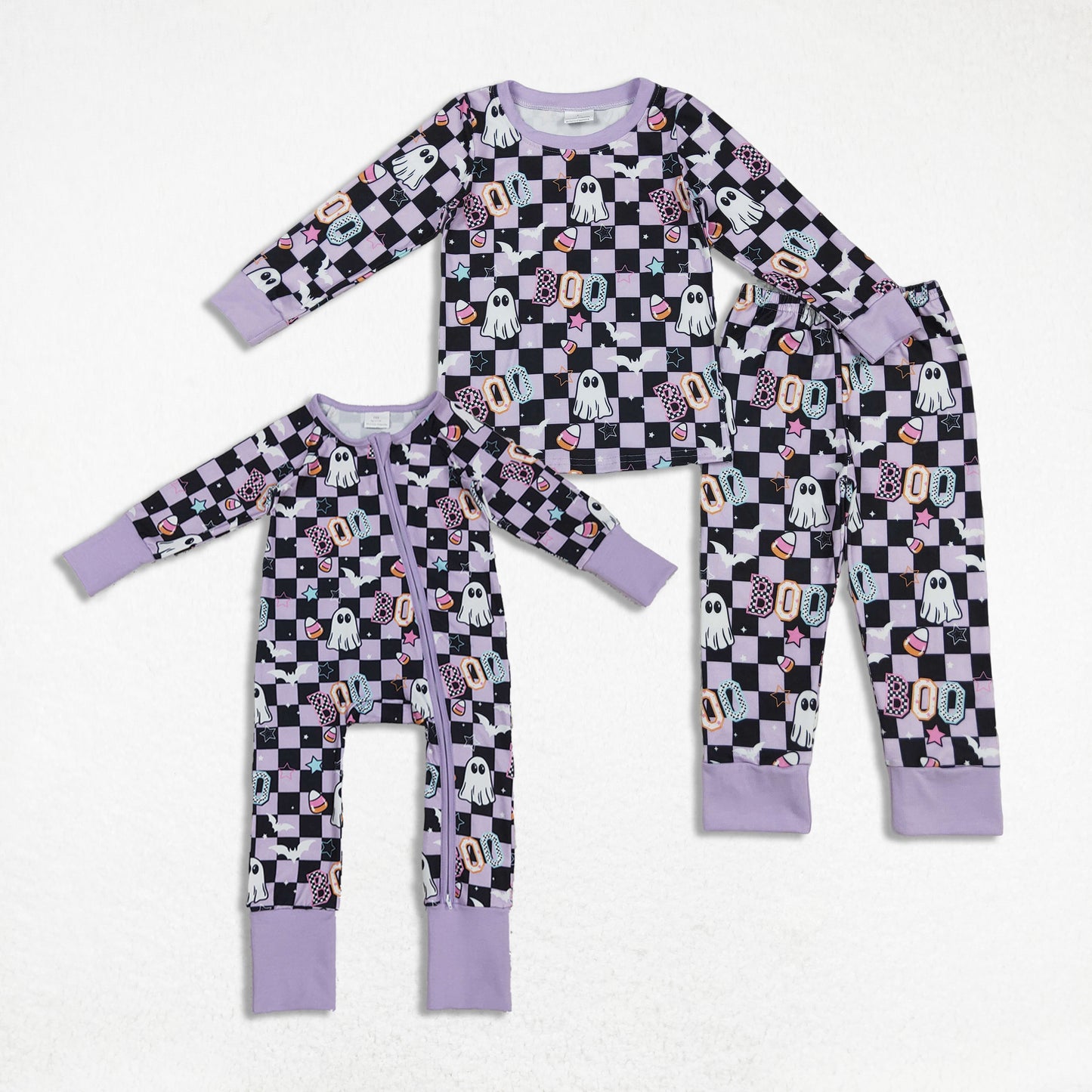 Sibling Girls Kids Long Sleeves Ghost Candy Plaid Halloween Purple Pajamas Footie Romper Set RTS