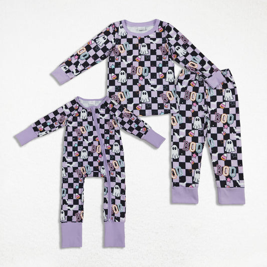 Sibling Girls Kids Long Sleeves Ghost Candy Plaid Halloween Purple Pajamas Footie Romper Set RTS