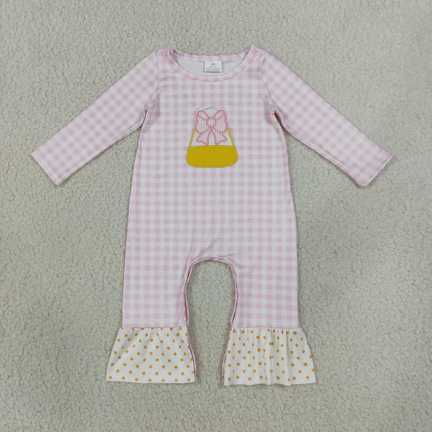 Baby Girls Infant Long Sleeves Embroidery Halloween Bows Candy Pink Plaid Romper RTS
