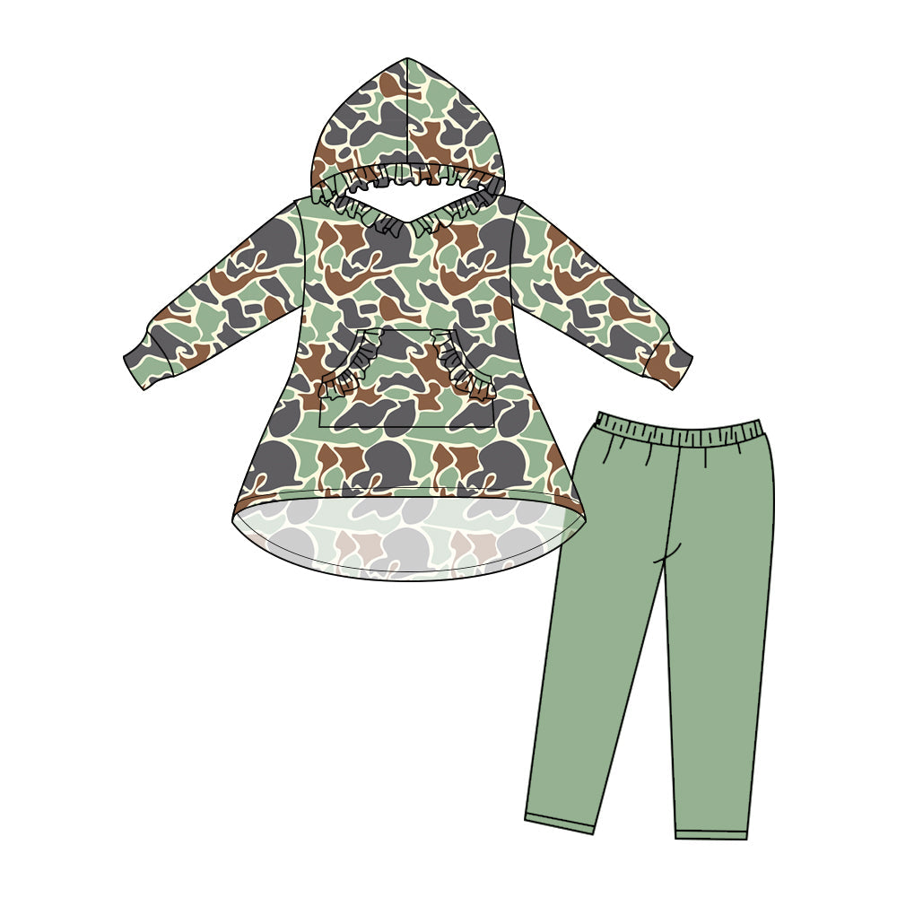 Baby Girl Camo Hooded Pockets Tops Green Pants Set