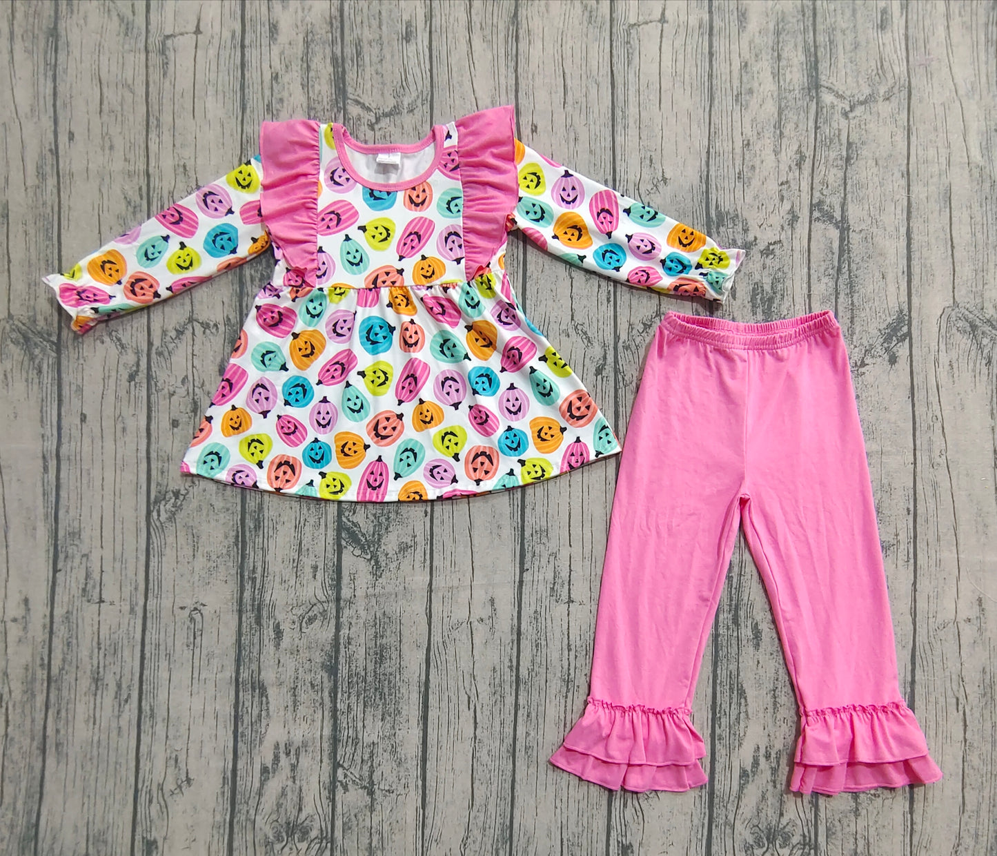 Baby Girl Long Sleeves Pumpkins Ruffle Tunic Pink Cotton Pants Halloween Clothes Set RTS