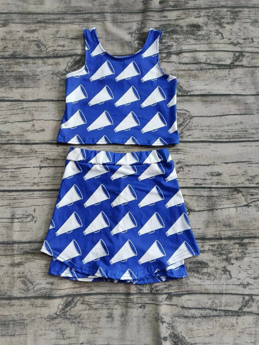 ( Moq 5 ) Baby Girl Sleeveless Cheer Shirt Shorts Skirt Skort Blue Set