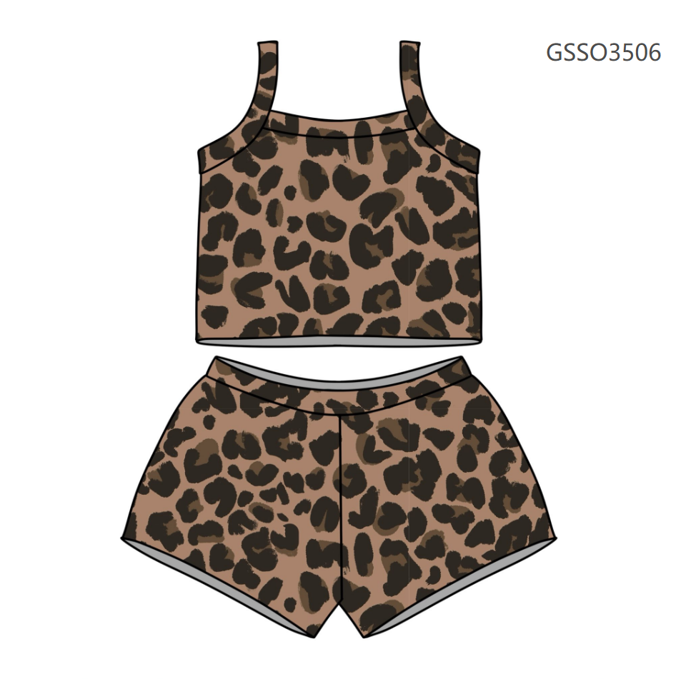 ( Moq 5 ) Preorder Baby Girls Straps Leopard Tops Shorts Summer Set Clothes