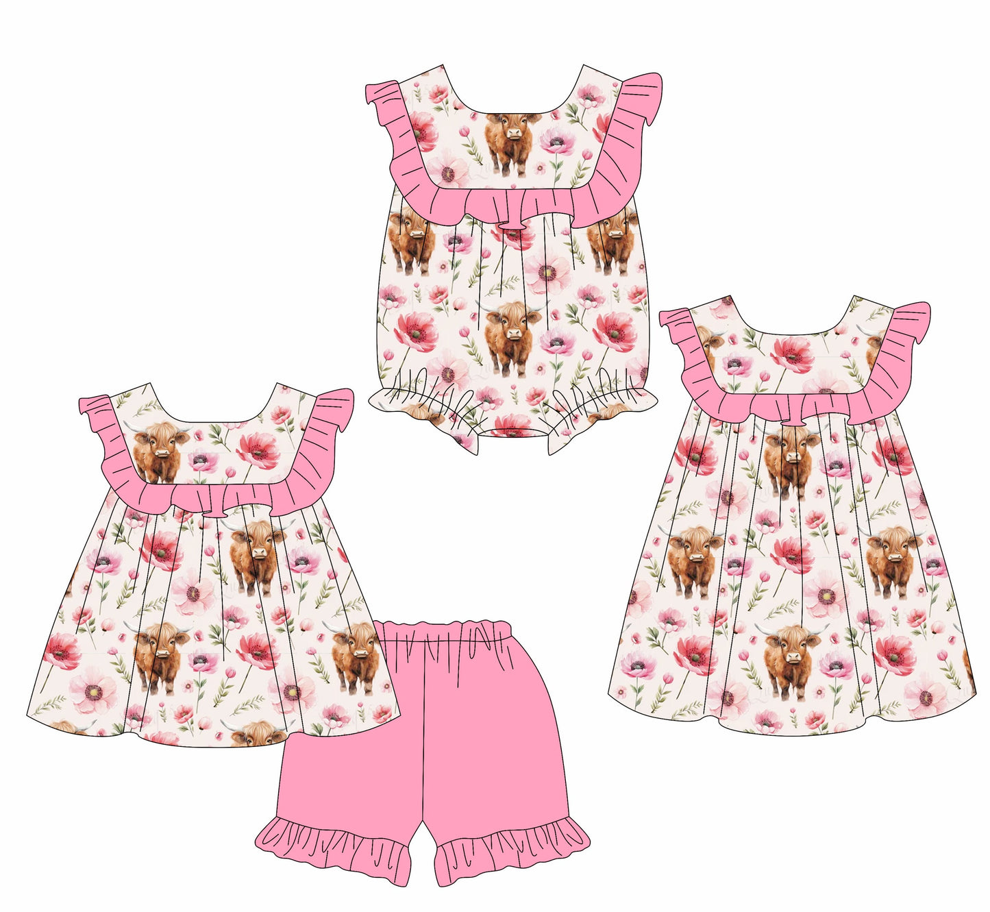 Baby Girl Western Flower Cow Sibling Romper Dress Set ( Moq 5 Each Style ) 2.10