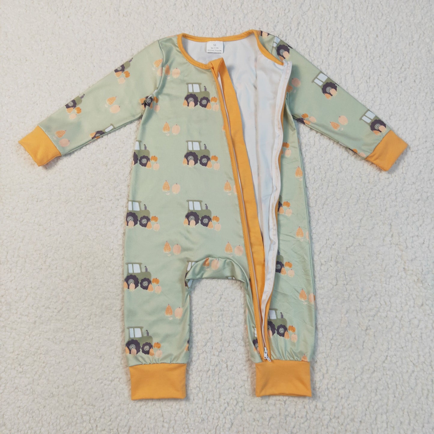 Baby Boy Long Sleeves Pumpkins Tractors Zipper Fall Romper RTS