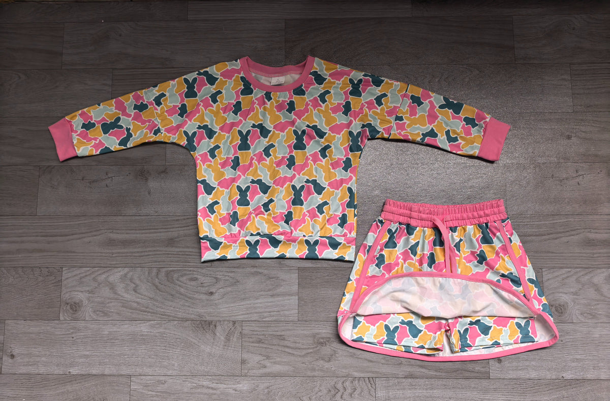 ( No moq ) Preorder Baby Girls Kids Long Sleeves Shirt Rabbits Camo Skirt Shorts Easter Set