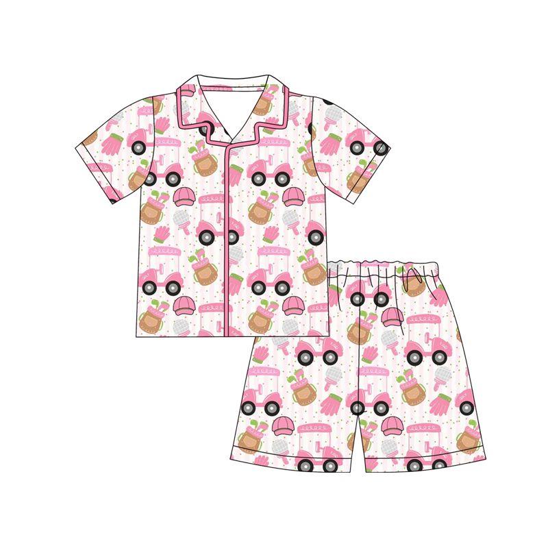 ( Moq 5 ) Preorder Baby Girls Kids Short Sleeves Golf Trucks Buttons Shirt Shorts Set Pajamas Clothes