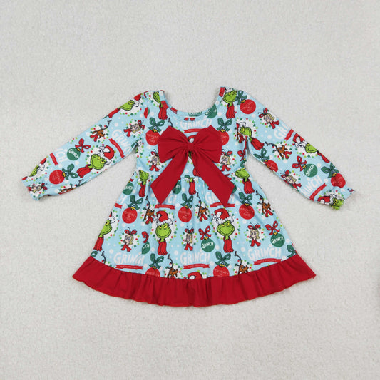 Baby Girl Long Sleeves Green Face Christmas Bow Ruffle Knee Length Dress RTS