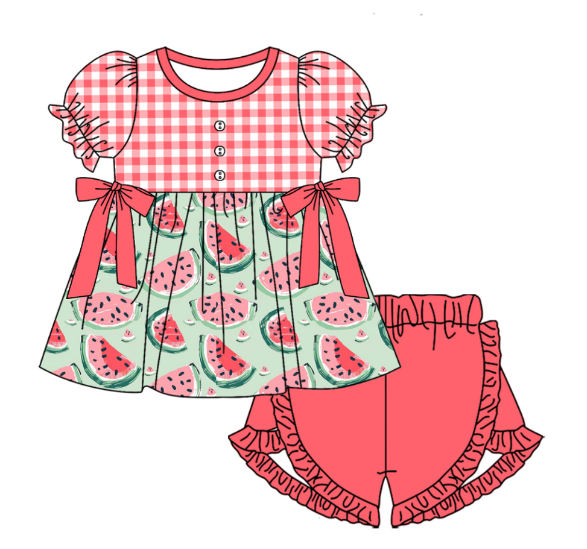 Baby Girl Short Sleeves Watermelon Plaid Sibling Romper Dress Clothes Set ( Moq 5 Each Design )11.21
