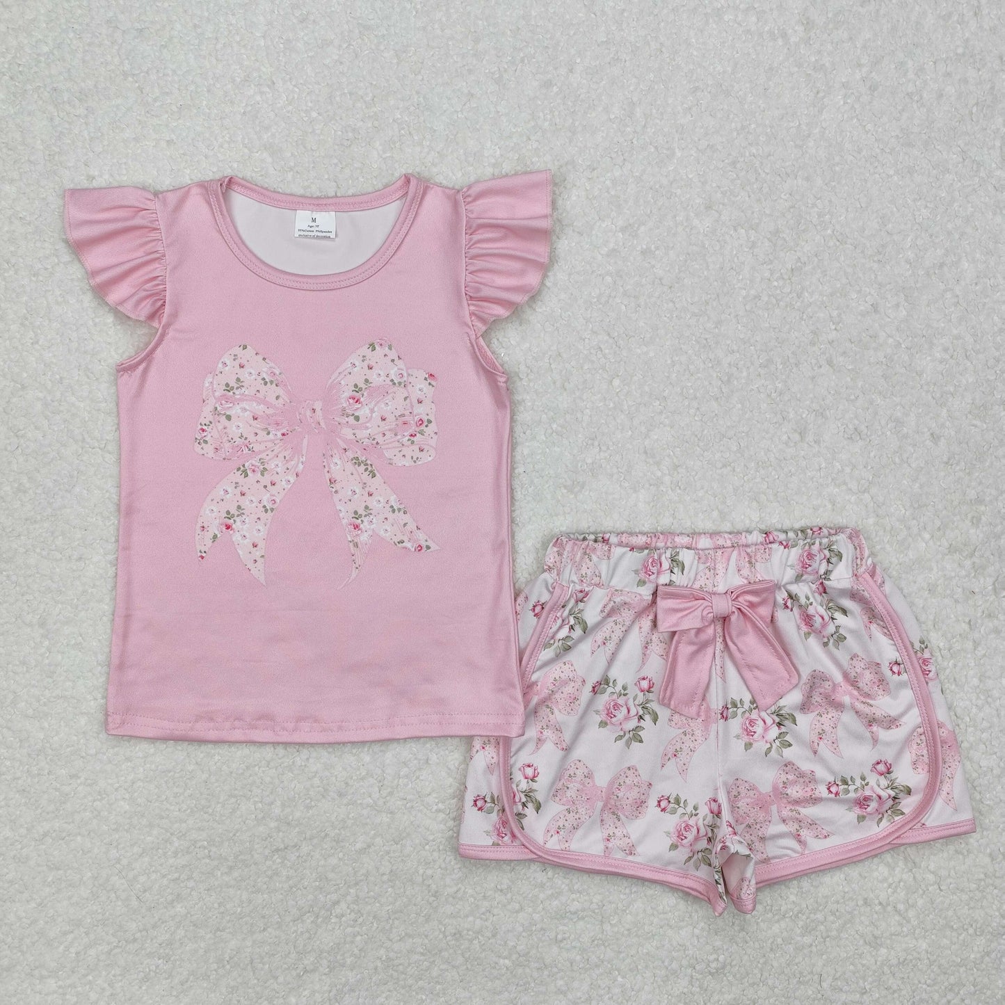 Baby Girl Short Sleeves Pink Flower Bow Shirt Shorts Clothes Set