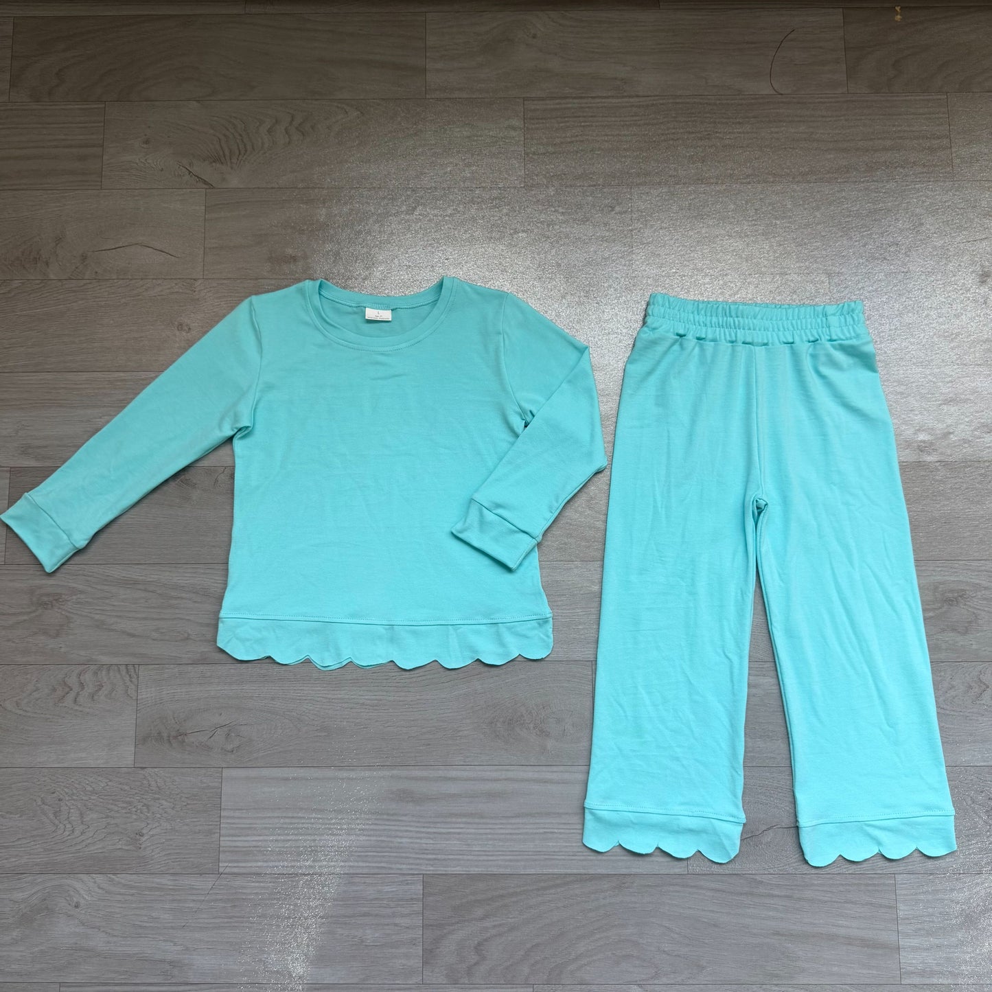 ( No moq ) Preorder Baby Girls Kids Long Sleeves Shirt Pants Set Pajamas Scallop Blue Clothes